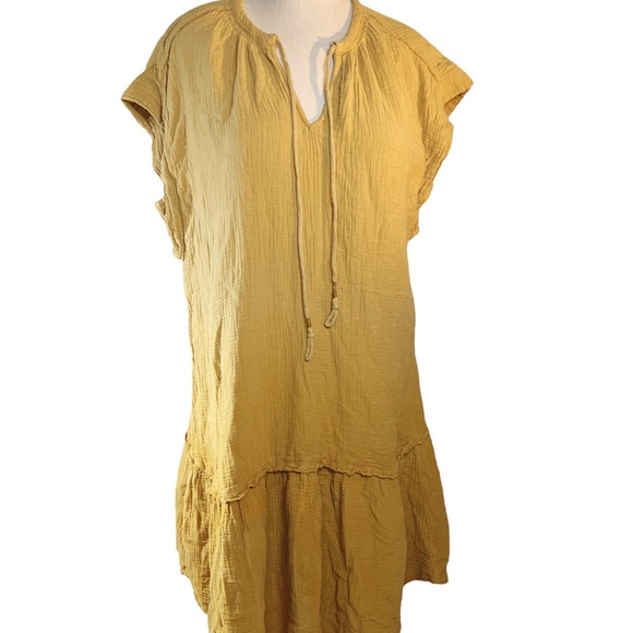 Anthropologie Brand Saturday Sunday Drop Waist Gauze Cotton Yellow Dress Sz L - Picture 1 of 8